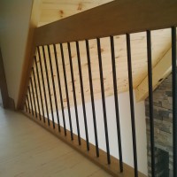 Custom Maple Closed Stringer Stair; Custom Maple Contemporary Handrail; Wrought Iron Pickets; Custom Square Newel Post